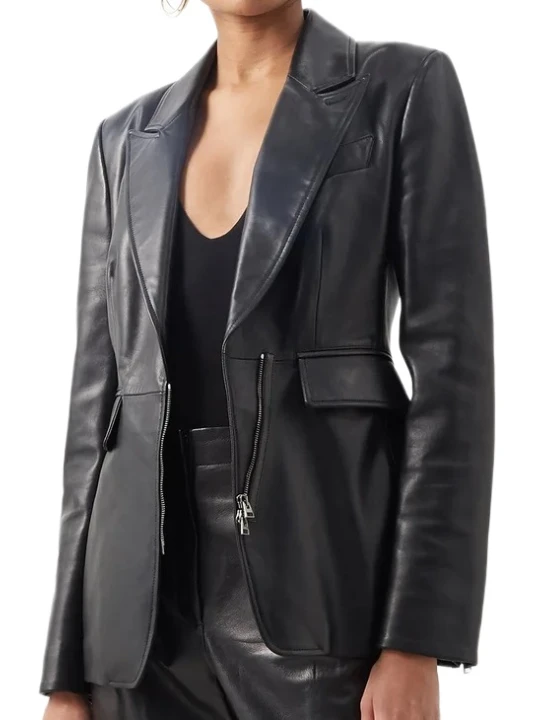 Single Breasted Zipped Leather Blazer