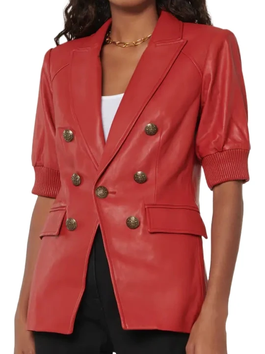 Tailored Puff Sleeves Red Leather Blazer