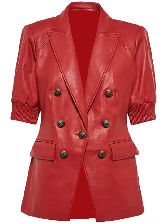 Tailored Puff Sleeves Red Leather Blazer Tailored Puff Sleeves Red Leather Blazer