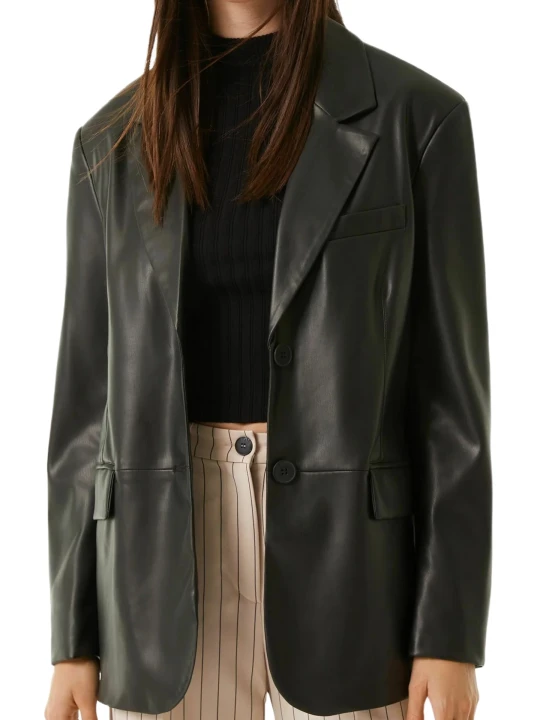 Thigh Length Black Leather Blazer