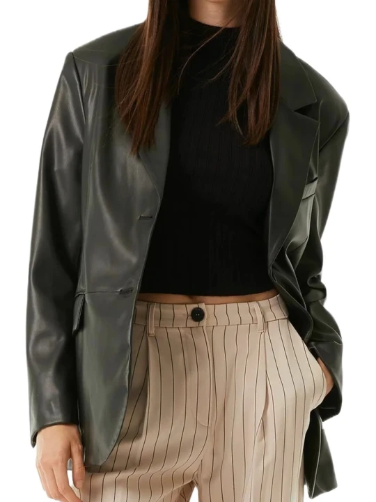 Thigh Length Black Leather Blazer