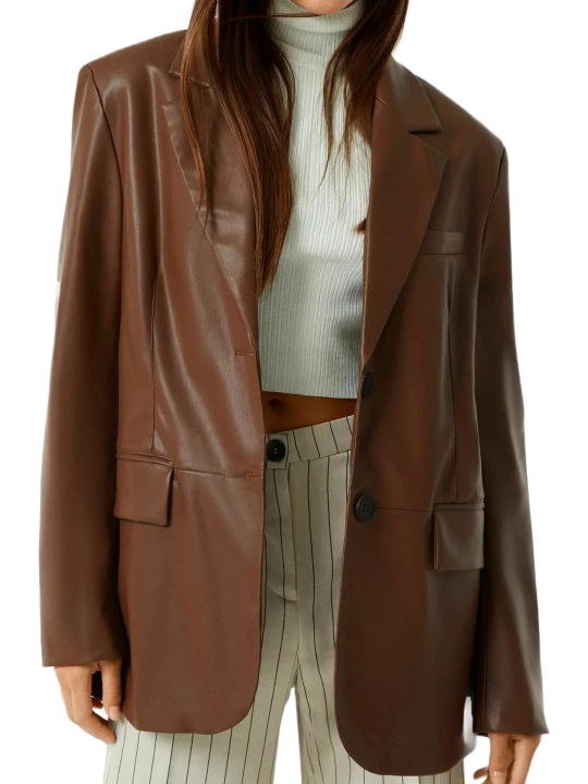 Thigh Length Brown Leather Blazer