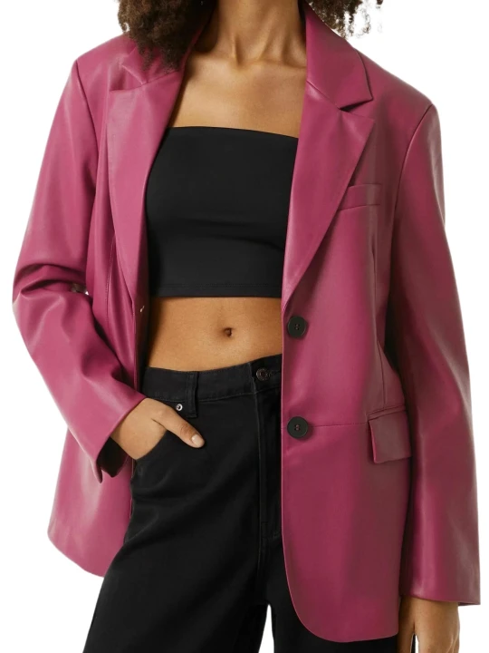 Thigh Length Pink Leather Blazer