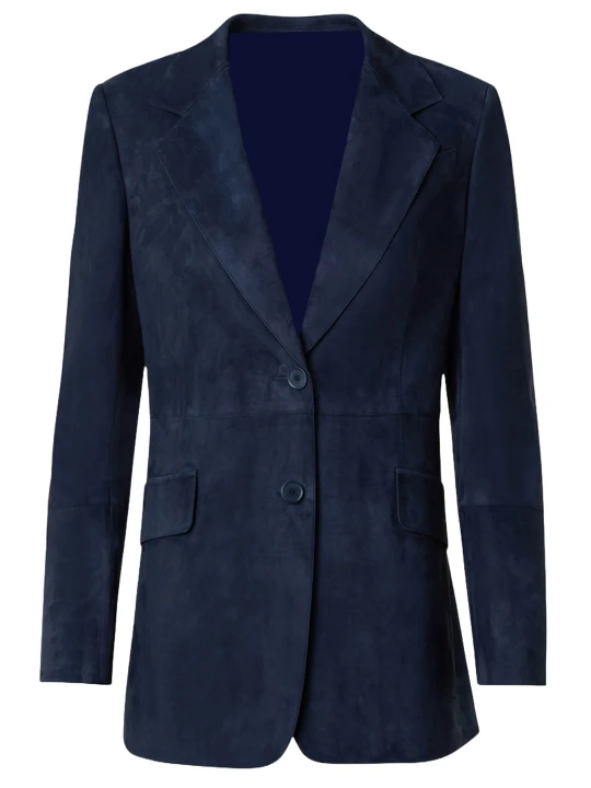 Two Buttons Navy Blue Suede Leather Blazer