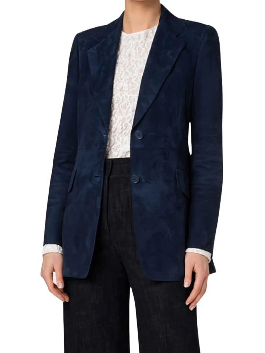 Two Buttons Navy Blue Suede Leather Blazer