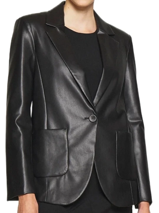 Two Side Black Pockets Leather Blazer