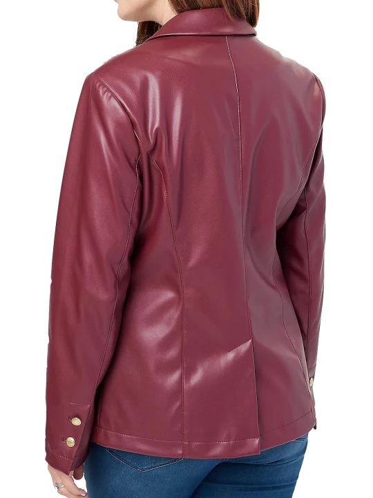 Women One Button Classic Real Lambskin Burgundy Leather Blazer Coat