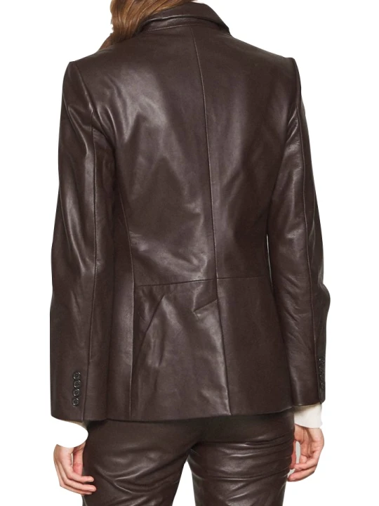 Women One Button Edgy Real Lambskin Brown Leather Blazer Coat