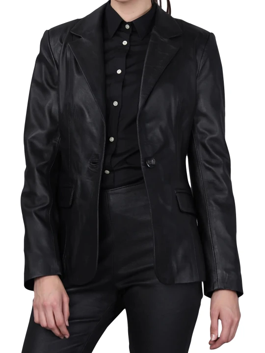 Women One Button Elegant Style Real Lambskin Black Leather Blazer Coat