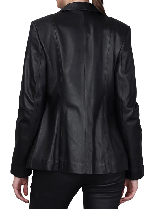 Women One Button Elegant Style Real Lambskin Black Leather Blazer Coat