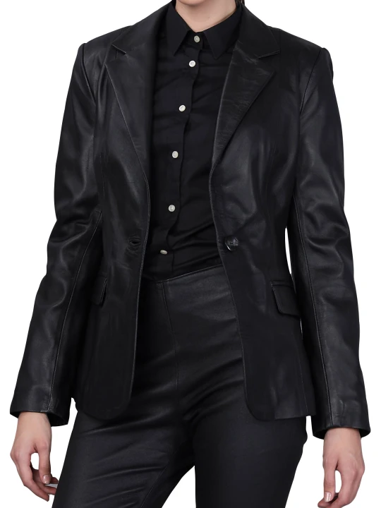 Women One Button Elegant Style Real Lambskin Black Leather Blazer Coat