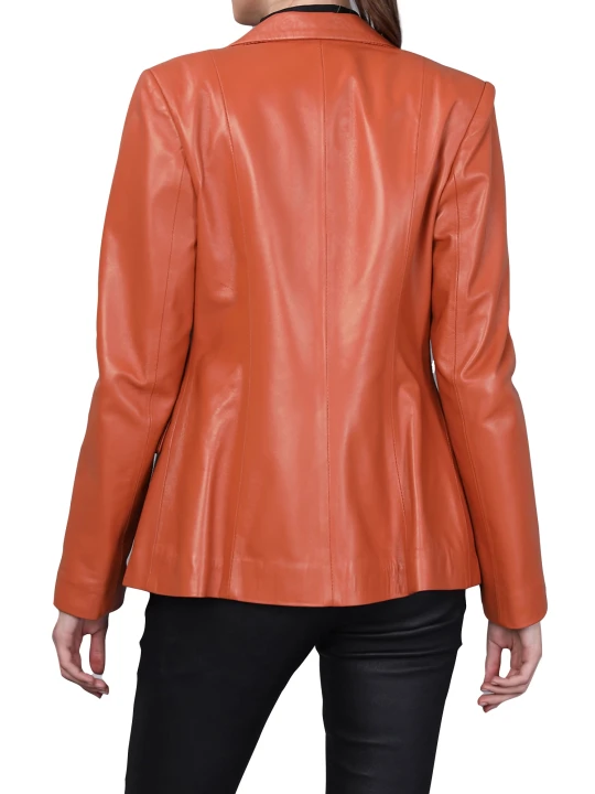 Women One Button Elegant Style Real Lambskin Orange Leather Blazer Coat