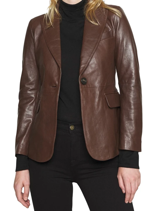 Women One Button High Fashion Real Lambskin Brown Leather Blazer Coat