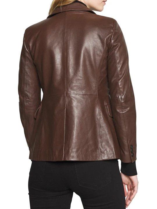Women One Button High Fashion Real Lambskin Brown Leather Blazer Coat