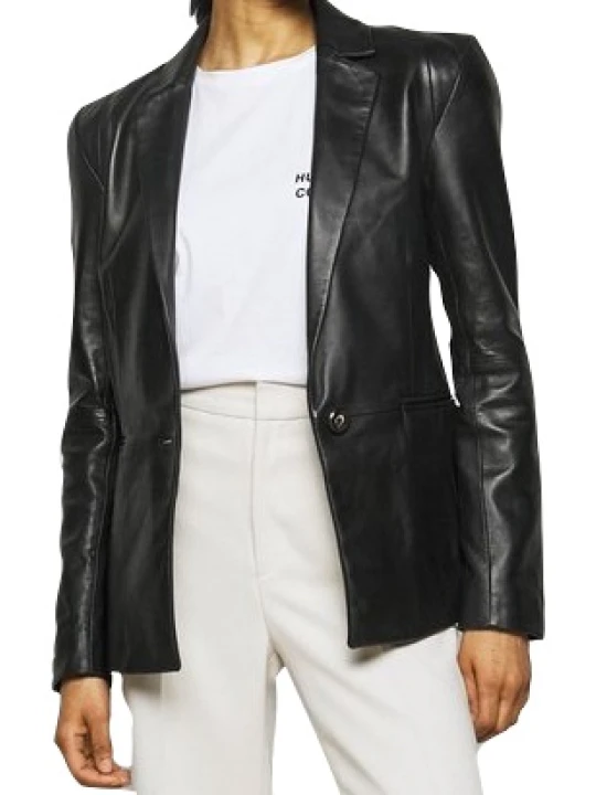 Women One Button Smart Look Real Lambskin Black Leather Blazer Coat