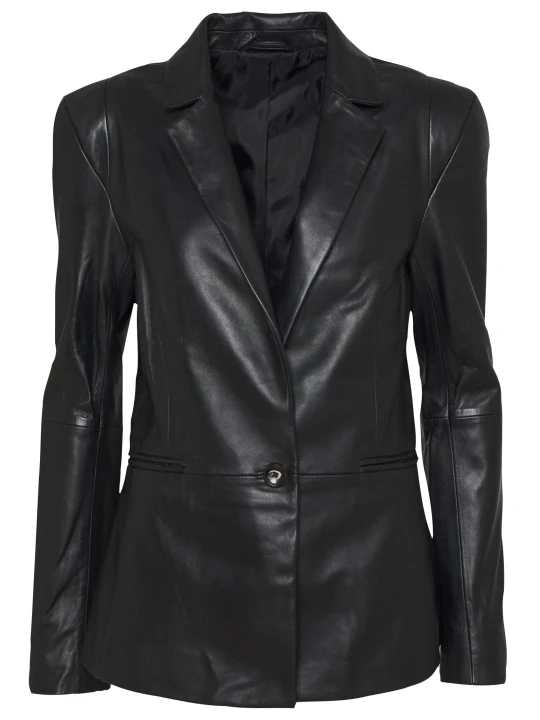 Women One Button Smart Look Real Lambskin Black Leather Blazer Coat
