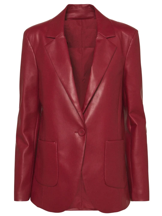 Women One Button Trendy Real Lambskin Cherry Red Leather Blazer Coat