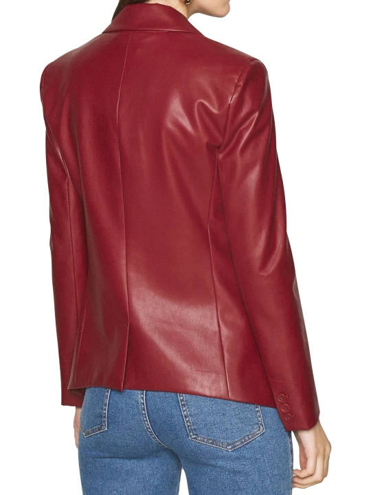 Women One Button Trendy Real Lambskin Cherry Red Leather Blazer Coat