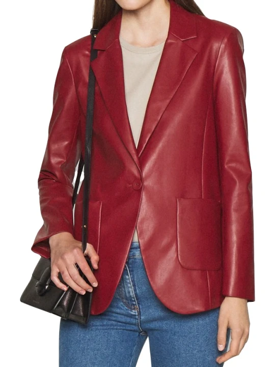 Women One Button Trendy Real Lambskin Cherry Red Leather Blazer Coat
