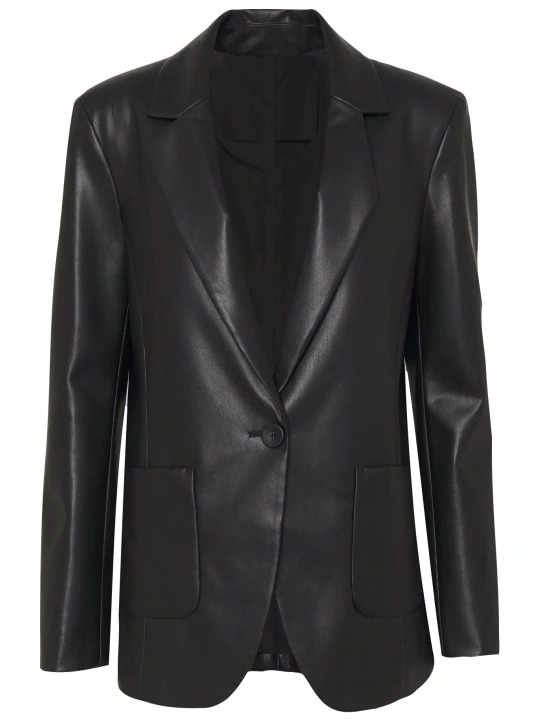 Women One Button Trendy Real Lambskin Black Leather Blazer Coat