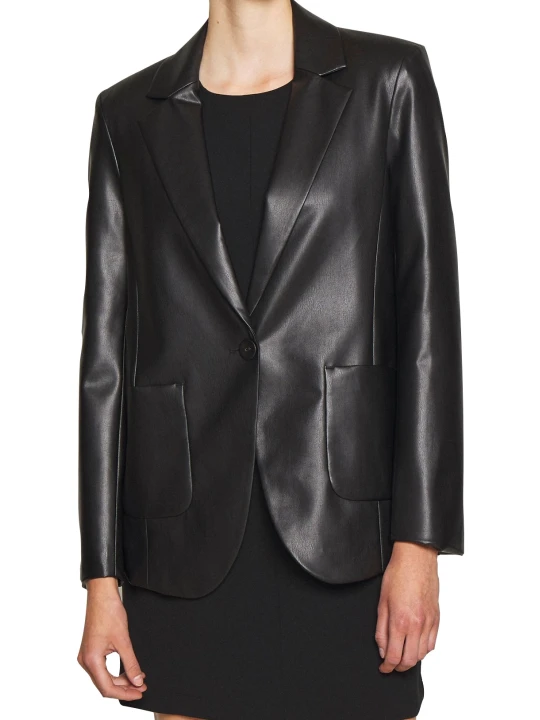 Women One Button Trendy Real Lambskin Black Leather Blazer Coat