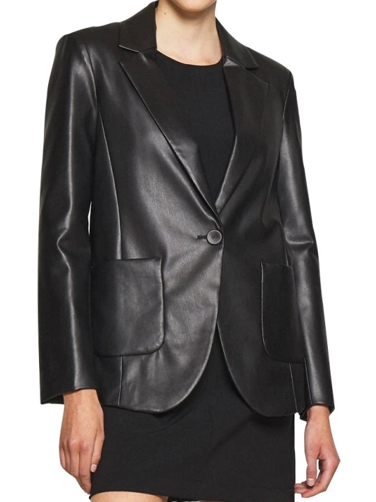 Women One Button Trendy Real Lambskin Black Leather Blazer Coat