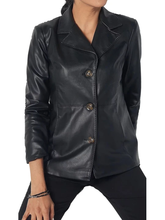 Women Three Button Stylish Real Lambskin Black Leather Blazer Coat