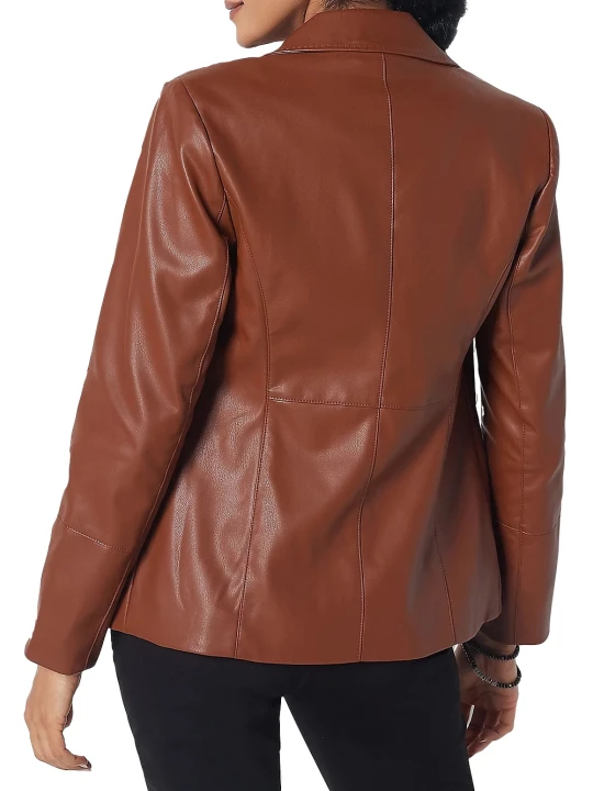 Women Three Button Stylish Real Lambskin Brown Leather Blazer Coat