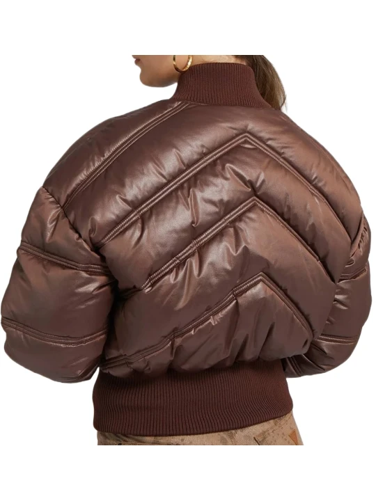 Brown Leather Bomber Puffer Jacket