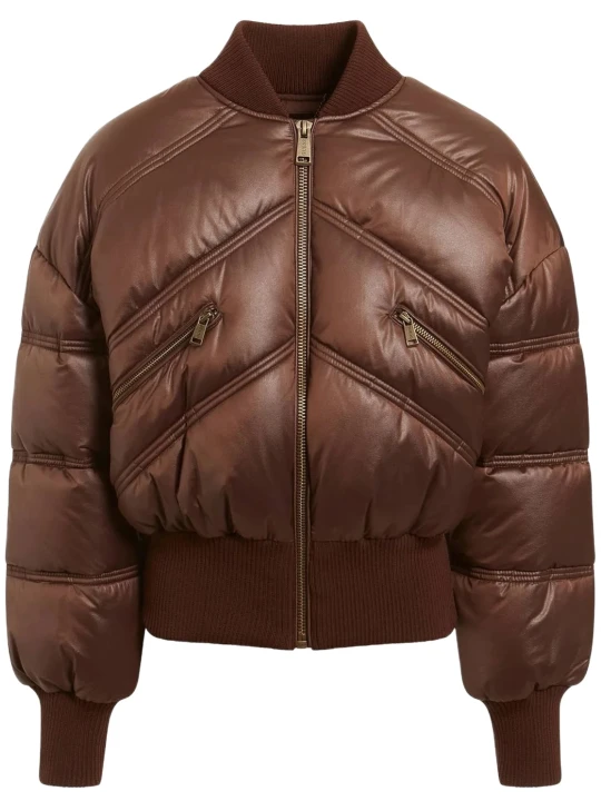 Brown Leather Bomber Puffer Jacket