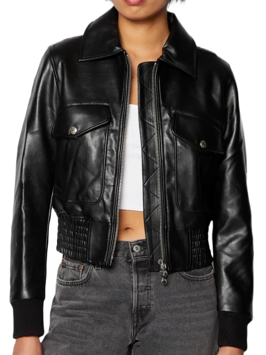 Collar Leather Bomber Jacket Black