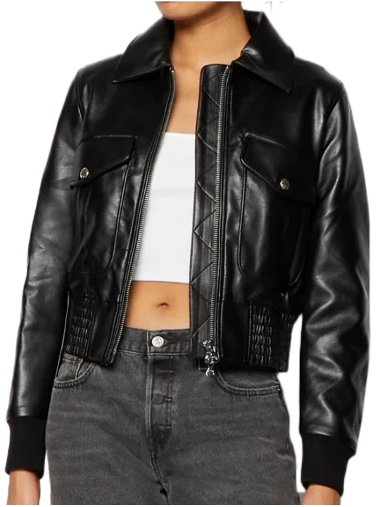 Collar Leather Bomber Jacket Black