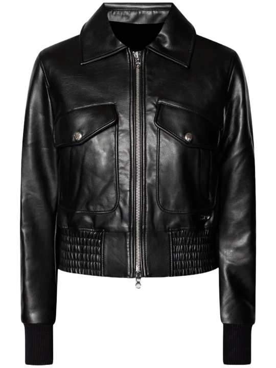 Collar Leather Bomber Jacket Black