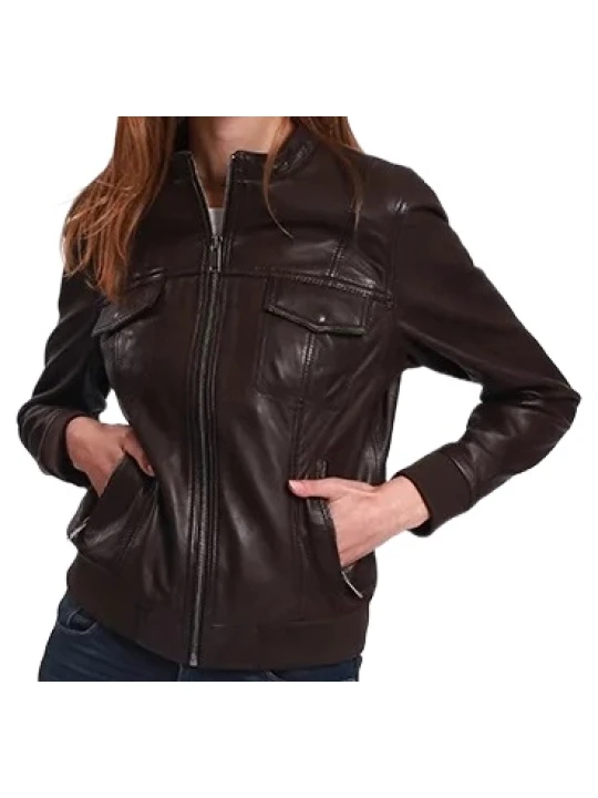 Dark Brown Leather Bomber Jacket