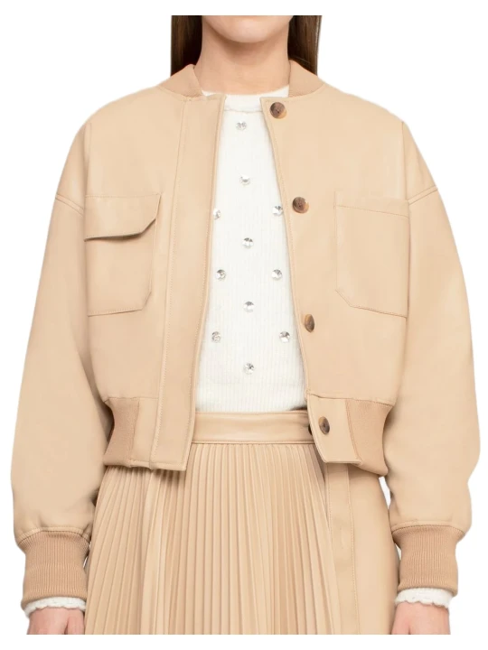 Leather Beige Cropped Bomber Jacket