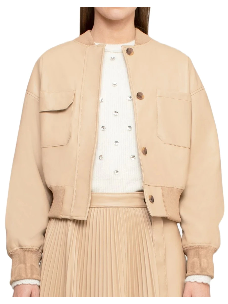 Leather Beige Cropped Bomber Jacket