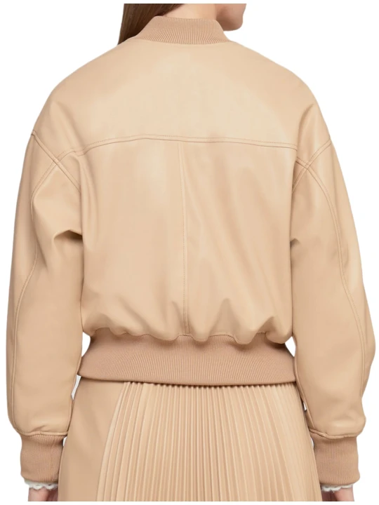 Leather Beige Cropped Bomber Jacket