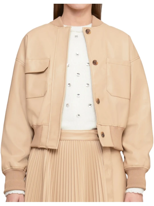 Leather Beige Cropped Bomber Jacket