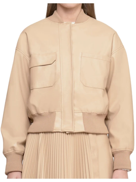 Leather Beige Cropped Bomber Jacket