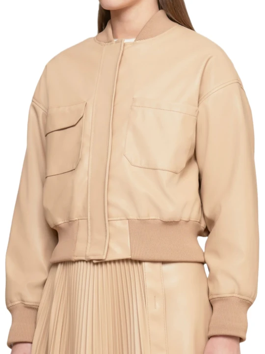 Leather Beige Cropped Bomber Jacket