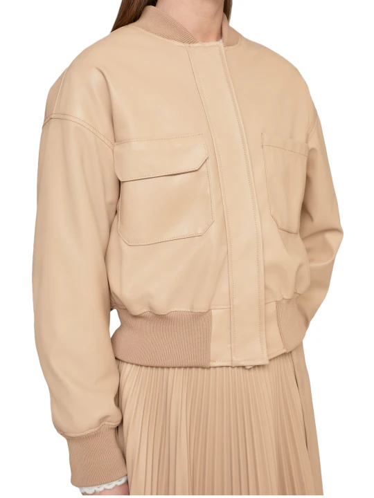 Leather Beige Cropped Bomber Jacket