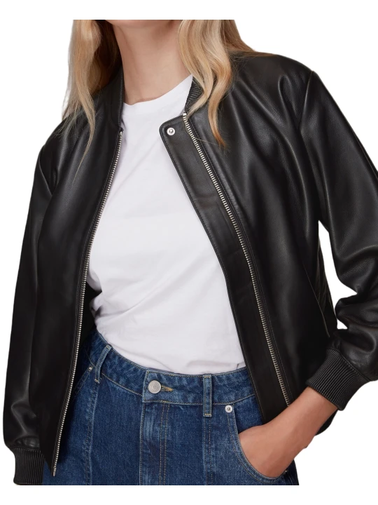 Long Sleeves Black Leather Bomber Jacket