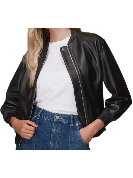 Long Sleeves Black Leather Bomber Jacket