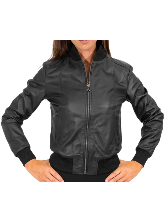 Low Collar Black Leather Bomber Jacket