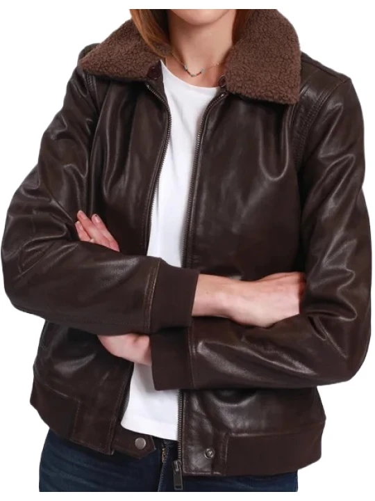 Plain Dark Brown Leather Bomber Jacket
