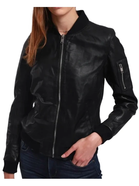 Regular Fit Black Leather Bomber Jacket