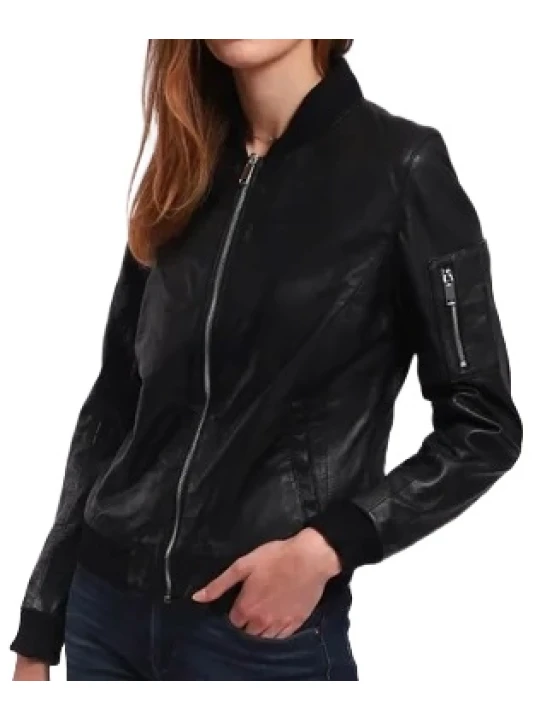 Regular Fit Black Leather Bomber Jacket