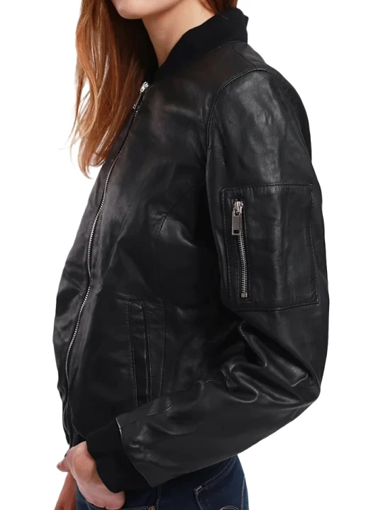 Regular Fit Black Leather Bomber Jacket
