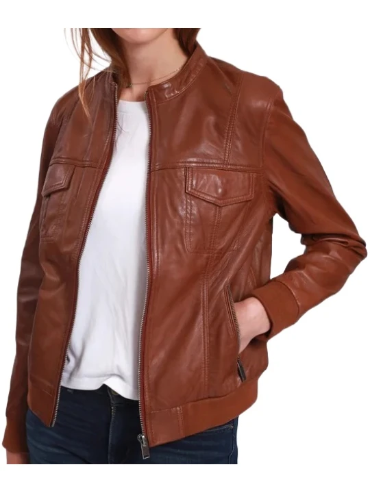 Round Collar Brown Leather Bomber Jacket