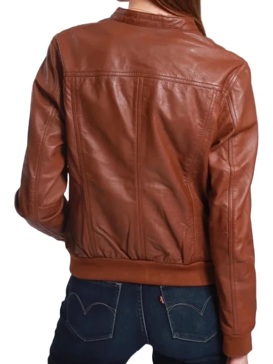 Round Collar Brown Leather Bomber Jacket Round Collar Brown Leather Bomber Jacket